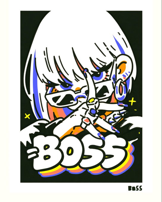 A bold graphic illustration of a stylized character with white hair and sunglasses pointing forward, with the word 'BOSS' written in graffiti-style letters at the bottom.