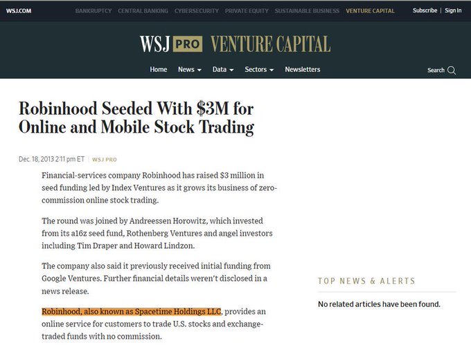 A WSJ Pro Venture Capital article from December 18, 2013, headlined "Robinhood Seeded With $3M for Online and Mobile Stock Trading," reports that the financial-services company raised $3 million in seed funding led by Index Ventures, with Andreessen Horowitz (from its $162 million seed fund), Rothenberg Ventures, and angel investors Tim Draper and Howard Lindzon participating, alongside prior backing from Google Ventures.

The image's mention of Robinhood's early $3 million seed round directly contrasts with the poster's $700k market cap boast—highlighting the irony of someone celebrating a small-cap valuation when Robinhood itself started at a fraction of that before becoming a multi-billion dollar company.