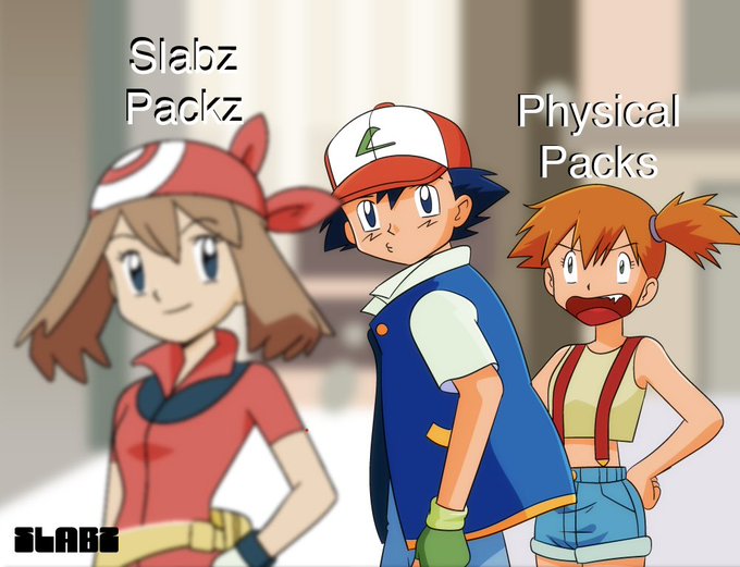 Three Pokémon characters—May, Ash, and Misty—are depicted with the text "Slabz Packz" above Ash and "Physical Packs" above Misty, playfully suggesting that Slabz digital packs are superior to physical packs.