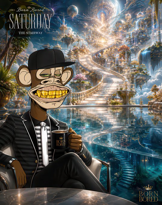 A cool cartoon monkey in a black cap, glasses, and blazer grins while holding a "Born Bored" mug, set against a surreal dreamlike backdrop of a grand spiral staircase ascending toward floating islands and distant planets. The image ties to the message by symbolizing the "stairway" to the next win—reinforced by the "Born Bored Saturday / The Stairway" text—as a visual metaphor for climbing toward success in Web3.