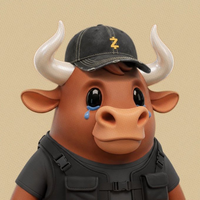 A 3D-rendered cartoon character of a sad, crying brown bull wearing a dark cap with a 'Z' and a black tactical vest.