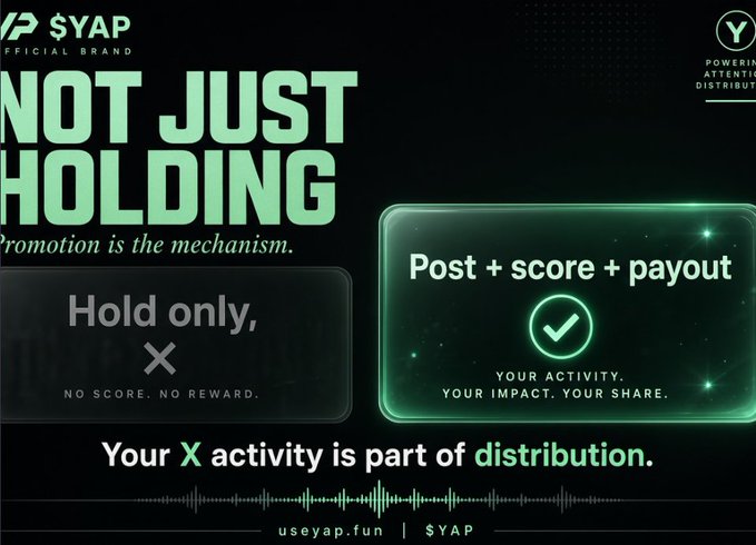 A promotional graphic for $YAP with text 'NOT JUST HOLDING - Promotion is the mechanism', comparing 'Hold only, NO SCORE. NO REWARD.' versus 'Post + score + payout - YOUR ACTIVITY. YOUR IMPACT. YOUR SHARE.'