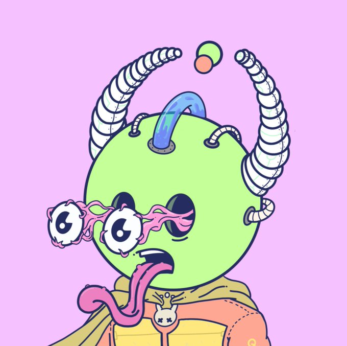 A whimsical illustration of a green, spherical character with four eyes, an extended tongue, mechanical tubes on its head, and melting pink glasses, wearing an orange and yellow hoodie against a light purple background.