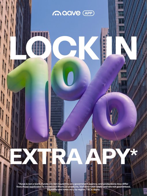 A promotional banner for the Aave App set against a city skyline features large inflatable-style "1%" balloons in green and purple hues, with bold text reading "LOCK IN 1% EXTRA APY*" to highlight a temporary boost for U.S. waitlist users who verify their ID before the offer ends.