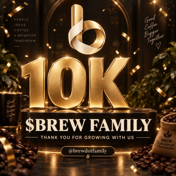 A promotional graphic celebrating 10K followers for '$BREW FAMILY', featuring golden 3D text, confetti, coffee beans, and the handle '@brewdotfamily'.