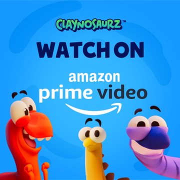 A promotional graphic for Claynosaurz announces that the NFT-based animated series is now available to "WATCH ON amazon prime video," featuring three colorful claymation-style dinosaur characters against a blue background, highlighting the brand's evolution from a Solana NFT collection into a full entertainment franchise.