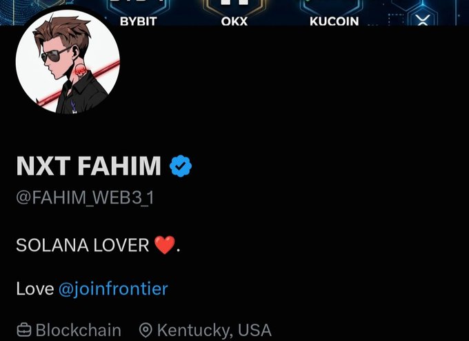 A Twitter/X profile for 'NXT FAHIM' (@FAHIM_WEB3_1) shows a cartoon avatar, identifies as a 'SOLANA LOVER', and lists location as Kentucky, USA.