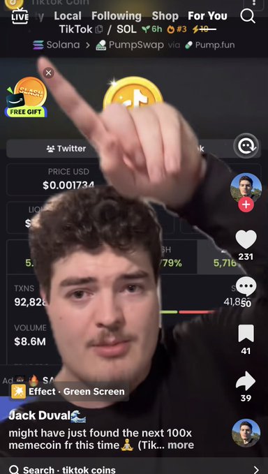 A TikTok creator named Jack Duval points upward while a crypto trading chart for TikTok Coin/SOL ($0.001744) shows 5,716% gains, 92,828 TXNS, and $8.6M volume, with the caption teasing it as "the next 100x memecoin" in alignment with the post's discussion of Jack Duval and Frank DeGods bidding early on the token.