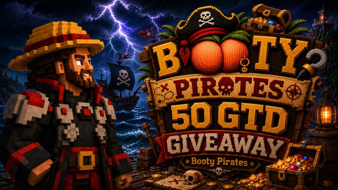 A promotional graphic for 'Booty Pirates' advertises a '50 GTD GIVEAWAY,' featuring a voxel-style pirate character next to a treasure chest.
