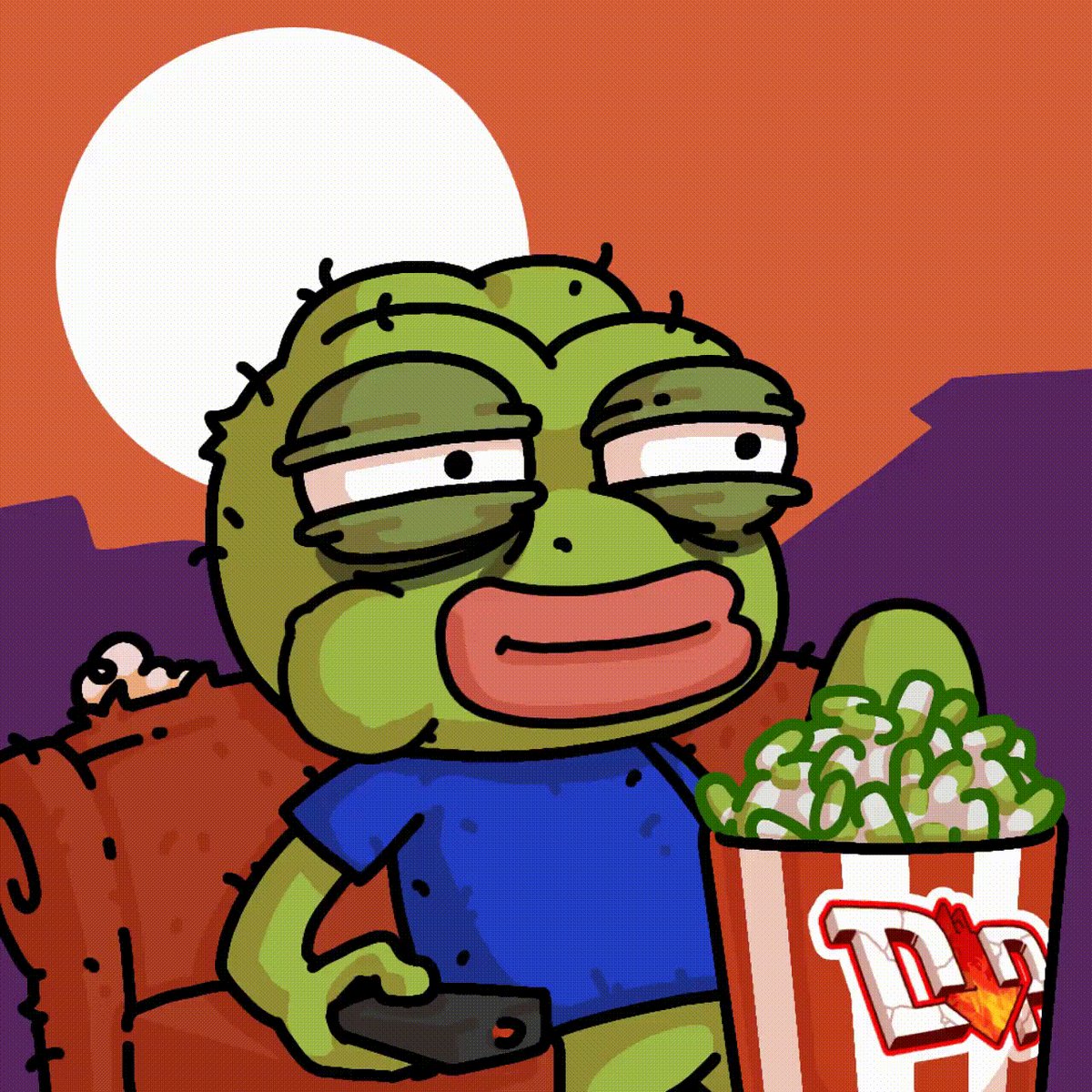 The image features a green frog with googly eyes holding an open bucket of popcorn and a remote control, sitting down comfortably on a couch. The caption suggests that this could be a project, but doesn't provide any further information about its topic or specific purpose.