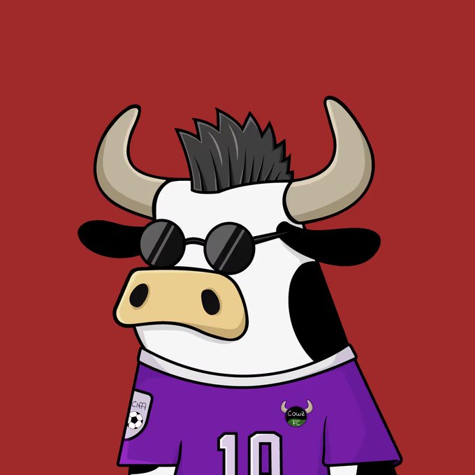 An illustrated cartoon cow with a black mohawk and sunglasses, wearing a purple soccer jersey with the number '10' against a red background.