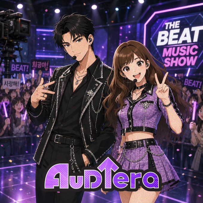 An anime-style promotional image for "Audtera" showing two characters—a man in a black leather jacket and a woman in a purple outfit—posing on the set of "The Beat Music Show."