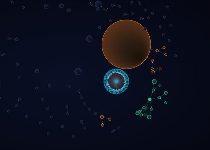 An abstract digital artwork on a dark background featuring a large brown circle, a glowing blue geometric shape, and constellations of connected nodes in green, orange, and blue.