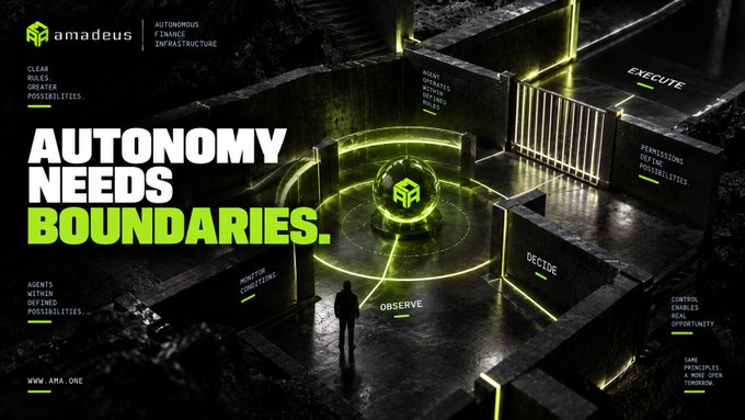 A promotional graphic with text reading 'AUTONOMY NEEDS BOUNDARIES.' and 'amadeus AUTONOMOUS FINANCE INFRASTRUCTURE', showing a figure walking through a glowing labyrinthine structure with labels like 'EXECUTE', 'DECIDE', and 'OBSERVE'.