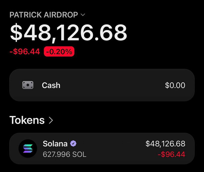 The image displays a crypto wallet labeled "PATRICK AIRDROP" showing a total balance of $48,126.68, with a recent loss of $96.44 (-0.20%), held entirely in 627.996 SOL (Solana). The screenshot appears to be shared as social proof to promote an alleged Solana airdrop giveaway, but it's likely a scam—posts asking users to comment their wallet addresses are common phishing tactics, not legitimate airdrops.