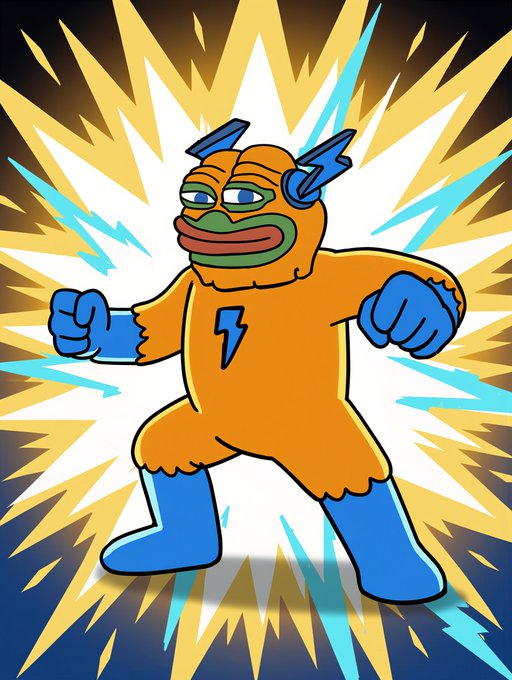 A cartoon orange superhero character resembling Pepe the Frog stands triumphantly with fists clenched, set against a dramatic burst of yellow and blue lightning bolts that visually reinforce the "Hyper" branding of bitcoinhyper.com. The character's chest emblem and surrounding electric energy emphasize the high-energy, cryptocurrency-themed promotion referenced in the accompanying post.