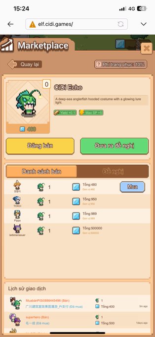 A Vietnamese marketplace screen on elf.cidi.games shows a 'Quay lại' (Spin) item called 'Echo' priced at 480, with various players listed and transaction history below.