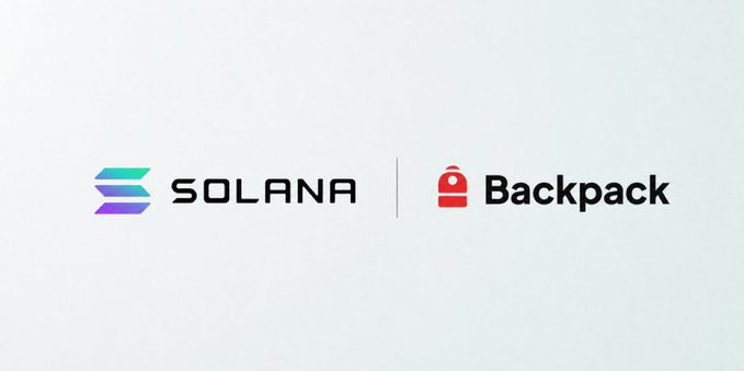 The image displays the Solana and Backpack logos side by side, separated by a vertical line. The graphic visually reinforces the post's announcement that Backpack has decided to remain on the Solana blockchain, symbolizing their continued partnership.