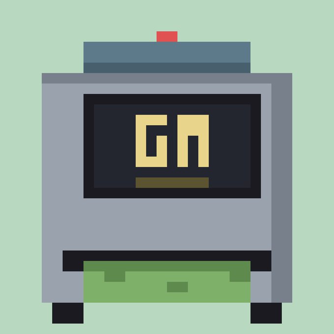 A pixel-art style gray machine with a screen displaying "GN" in yellow letters, fitting the post's reference to "HopiumMachines" and the ironic "GN" (good night) message amid speculation about "Quotrons" ripping higher.