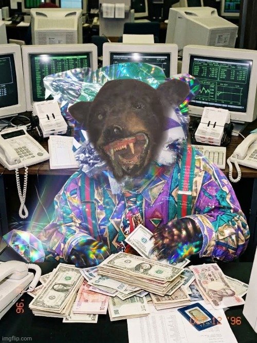 A surreal photo of a person wearing a holographic jacket and a bear mask, sitting at a desk covered in US dollar bills in front of old computer monitors displaying stock charts.
