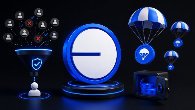 A 3D infographic illustration shows user profile icons being filtered through a funnel into a single avatar, next to a large blue logo and parachutes dropping coins into a safe.