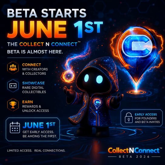 The image features a small figurine of a wizard, dressed in a blue robe with a hood, standing against a dark background. The text above the figurine reads "Beta starts June 1st", indicating that the event is about to begin. Below the figurine, there are several options for how people can connect and engage with others at the event. These options include showcasing rare digital collectibles, earning rewards, and accessing exclusive early access to the beta version of the game. The image also includes a map of the beta launch event, which is likely used by attendees to navigate through the venue or find specific areas related to the gaming experience.