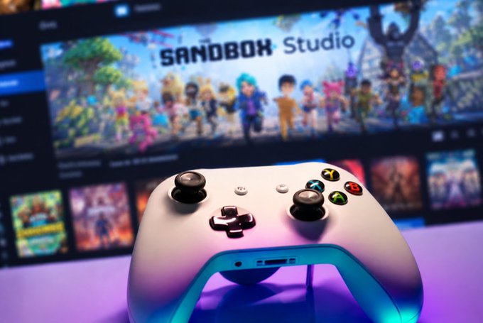 A close-up of a white and blue gaming controller in the foreground, with the 'SANDBOX Studio' interface and various game characters blurred in the background on a monitor.