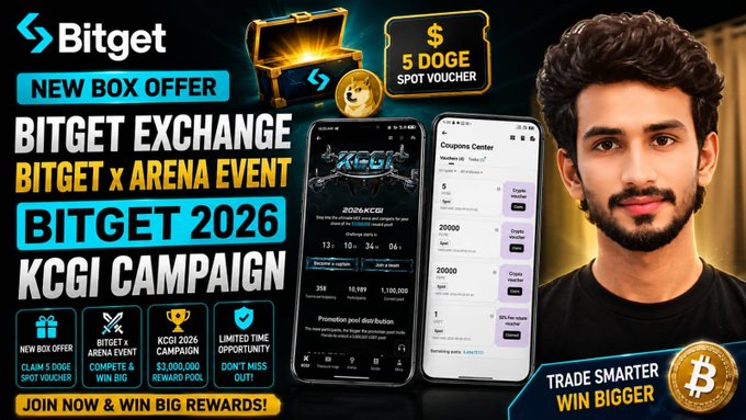 A Bitget cryptocurrency advertisement promotes a "NEW BOX OFFER," "BITGET x ARENA EVENT," and "BITGET 2026 KCGI CAMPAIGN" with a "5 DOGE SPOT VOUCHER" reward, featuring screenshots of the app interface.
