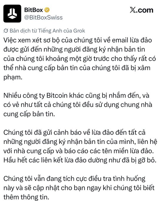 A Vietnamese-translated tweet from BitBox (@BitBoxSwiss) announces they are investigating a phishing email breach that also affected other Bitcoin companies using the same newsletter provider.