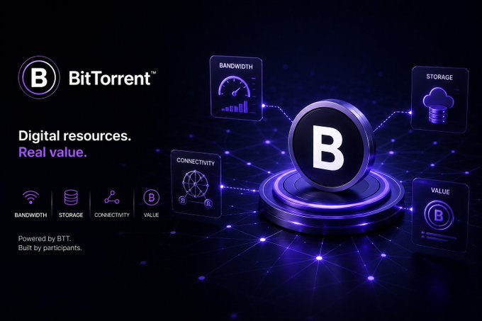 A promotional graphic for BitTorrent (BTT) with the tagline "Digital resources. Real value." featuring a glowing purple BTT token surrounded by icons for bandwidth, storage, connectivity, and value, with the text "Powered by BTT. Built by participants."
