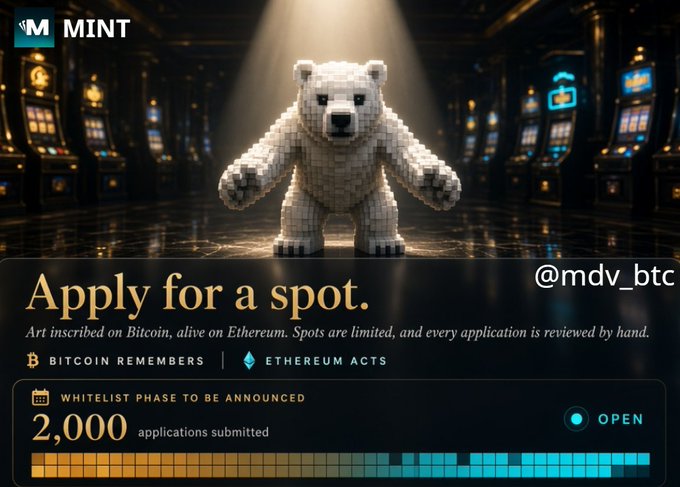 A promotional graphic for 'MINT' features a pixelated white bear in a spotlight, with text reading 'Apply for a spot.' and noting that art is inscribed on Bitcoin and alive on Ethereum, showing '2,000 applications submitted' with the status 'OPEN'.
