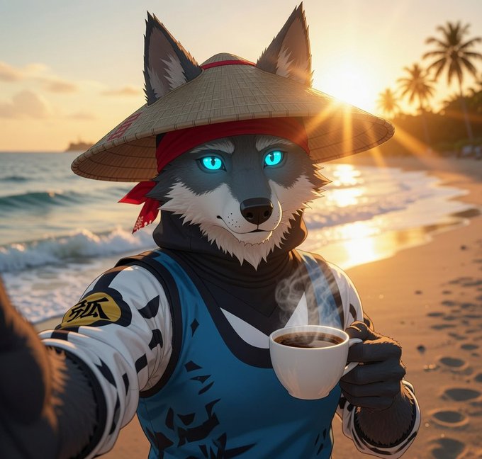 The image shows a stylized anthropomorphic wolf with glowing blue eyes, wearing a traditional straw hat with a red bandana, blue and white armor, and holding a steaming coffee cup against a tropical beach sunset backdrop. The "gm" (good morning) post pairs perfectly with the scene, as the wolf taking a selfie with morning coffee on the beach visually represents a cheerful, relaxed start to the day.