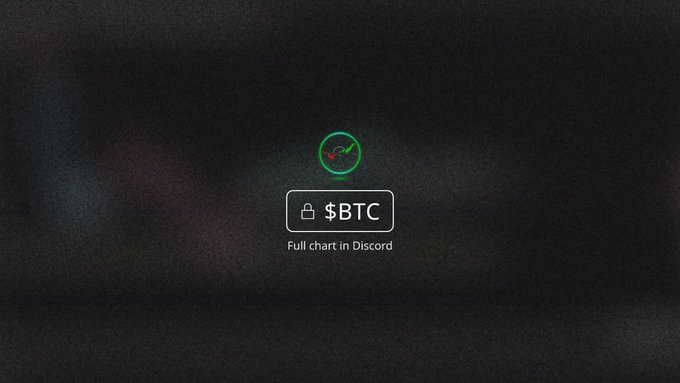 A dark screen displays a central loading element with a padlock icon, "$BTC" label, and "Full chart in Discord" text beneath it, suggesting the full Bitcoin chart is gated within Discord. This relates to the post about multiple $BTC charts by implying a locked or private version accessible only through a Discord community.