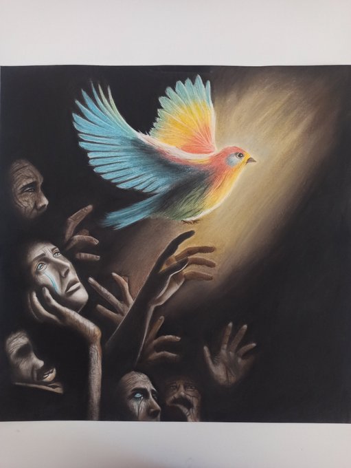 A colored drawing of a vibrant rainbow-colored bird flying toward a beam of light, while shadowy human faces and reaching hands look up from the darkness below.