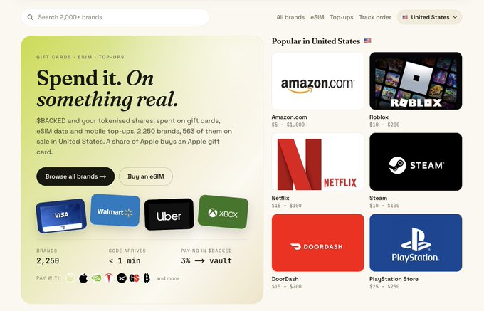A website interface for purchasing gift cards and eSIMs with the tagline 'Spend it. On something real,' showing popular US brands including Amazon, Roblox, Netflix, Steam, DoorDash, and PlayStation Store with their respective price ranges.