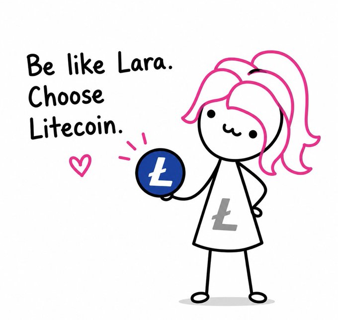 A cartoon girl with pink hair holds up a blue Litecoin coin, wearing a shirt with the "Ł" symbol. The text reads "Be like Lara. Choose Litecoin." alongside a small pink heart, visually promoting the post's message that $LARA chooses @litecoin every time.