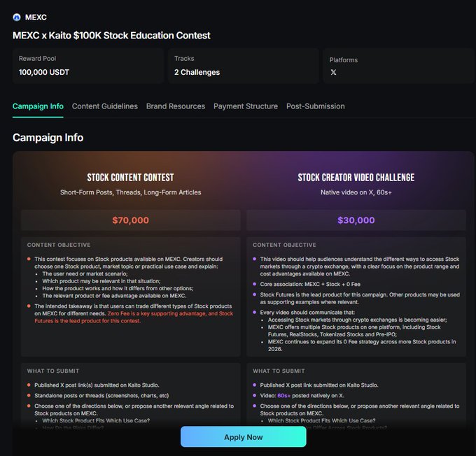 A MEXC x Kaito $100K Stock Education Contest page detailing a $100,000 USDT reward pool split between a $70,000 Content Contest and a $30,000 Stock Creator Video Challenge.