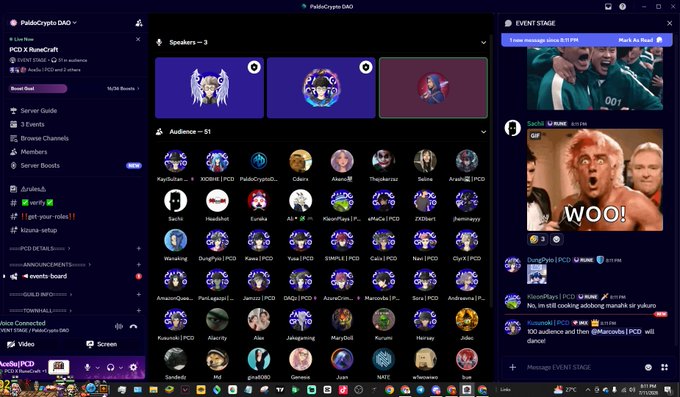 A screenshot of a Discord server called 'PabloCrypto DAO' showing an active event with speakers, an audience of 51 members, and a stage featuring a video of a excited fan with the text 'WOO!'.
