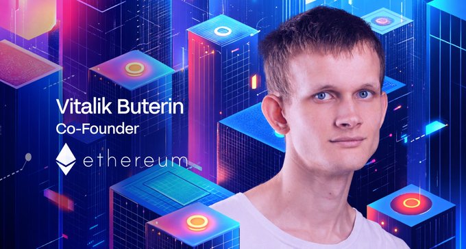 A promotional graphic featuring Vitalik Buterin, Co-Founder of Ethereum, against a futuristic neon-lit cityscape background with the Ethereum logo.
