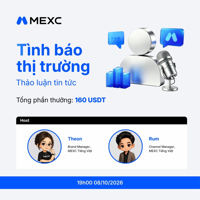 A MEXC promotional graphic for "Tình báo thị trường - Thảo luận tin tức" hosted by Theon and Rum with a 160 USDT prize, scheduled for 19h00 08/10/2026.