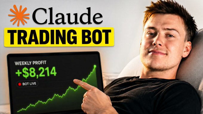 This thumbnail for a video titled "Claude TRADING BOT" shows a man pointing at a laptop screen displaying "WEEKLY PROFIT +$8,214" and a rising green graph, indicating the success of his trading bot.