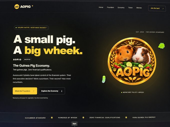 A dark-themed AOPIA webpage advertises “A small pig. A big wheel.” and “The Guinea Pig Economy,” with guinea pigs and vegetables in a coin graphic, plus buttons labeled “Meet the founders” and “Explore the Economy.” Smaller visible text includes “SOLANA NATIVE, VEGETABLE SACRED,” “EST. 2020, THE WHEEK STANDARD,” “Cucumber standard,” “Powered by wheek,” “Zero financial qualifications,” and “100% guinea pig energy.”