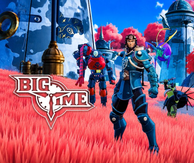 Promotional artwork for the game "BIG TIME," featuring a blue-armored warrior character standing in a field of pink grass alongside robots and flying creatures, with a large mech in the background.