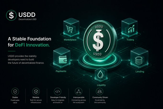 A promotional graphic for USDD cryptocurrency describing it as a 'Decentralized USD' and 'A Stable Foundation for DeFi Innovation,' with icons representing Marketplace, Trading, Payments, Liquidity, and Lending.