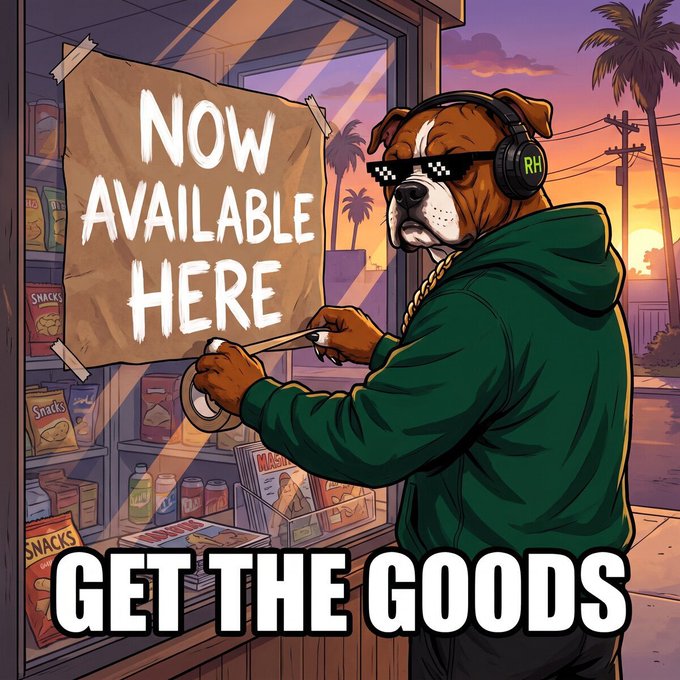 An illustrated cartoon image of a bulldog wearing sunglasses, headphones, and a green hoodie taping a sign that reads 'NOW AVAILABLE HERE' on a storefront, with text 'GET THE GOODS' at the bottom.
