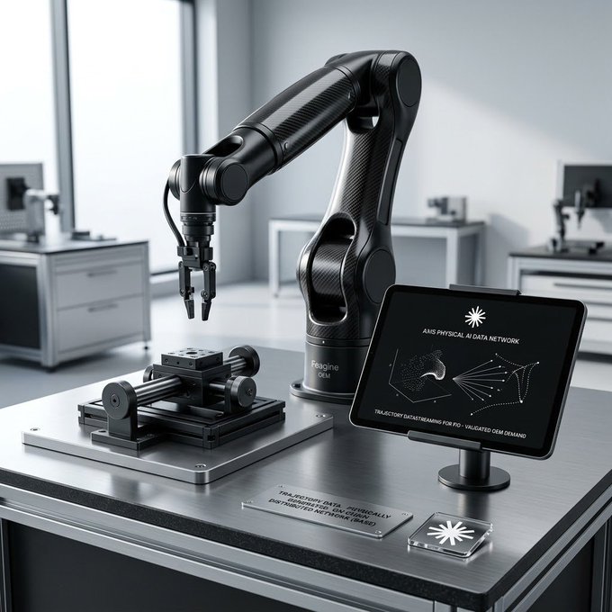 A black robotic arm labeled 'Regine' sits on a stainless steel workstation in a lab, next to a monitor displaying 'ANS PHYSICAL AI DATA NETWORK' and 'TRAJECTORY DATATREAMING FOR PD'.