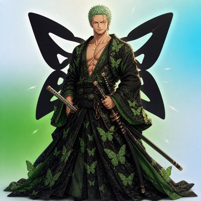 The image features a man dressed in a green and black costume that includes a butterfly patterned dress and a sword. The background of the image has a gradient effect, transitioning from blue at the top to green at the bottom. There are also butterflies scattered throughout the scene, adding to the overall theme of the character's outfit. The caption provided suggests that this could be related to a post about the character or his costume, possibly discussing its design and inspiration.