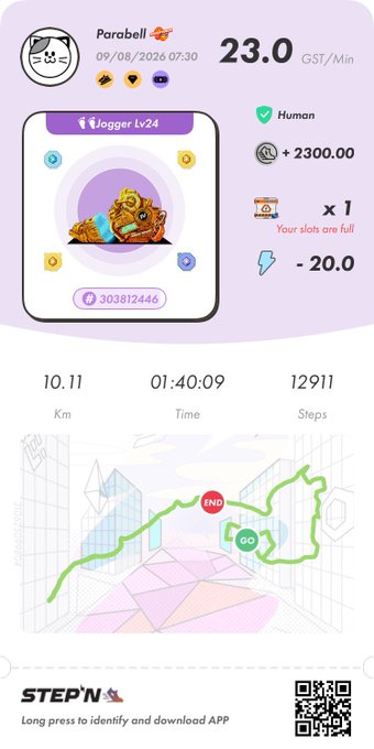 A STEPN app screenshot showing a 'Parabell' Jogger Lv24 sneaker NFT with 23.0 GST/Min earning rate, displaying 10.11 Km walked in 01:40:09 with 12,911 steps.
