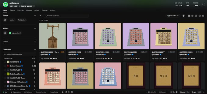 A screenshot of the Oglecash NFT marketplace displays the Oglecash Public Wallet portfolio, showing owned items including multiple "Quatchain" NFT tokens and several numbered "ENS Unnamed" tokens, with a top offer of 0.57 WETH. The collection list highlights 0xCacheFlow's various drops (Button Presses, Brainhood Parks, and Flow Room), visually supporting the post's emphasis on 0xCacheFlow as the alpha source the author is urging others to research.
