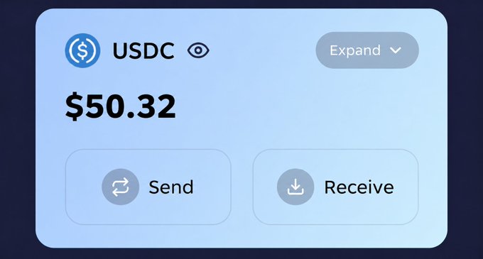 A light-blue crypto wallet card shows the USDC token name and eye icon, a balance of “$50.32,” an “Expand” button, and “Send” and “Receive” controls.